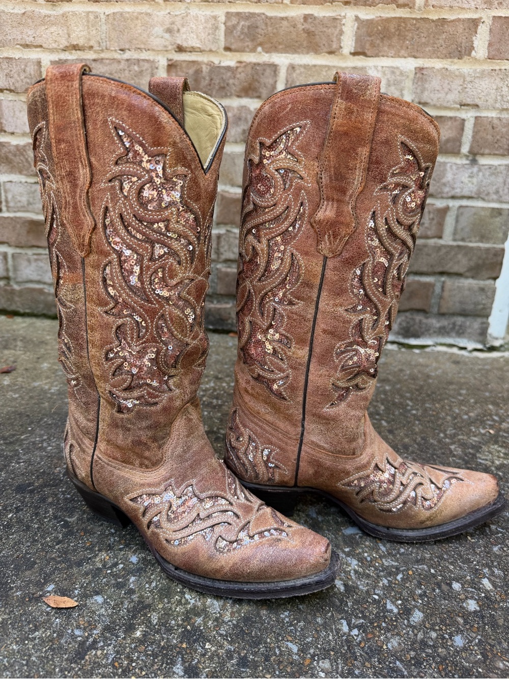 Corral Cowboy Boots A3578 Cognac Glitter Embroidered Leather (Size 6) Mid Calf